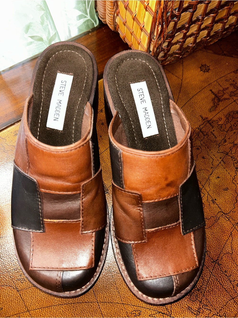 Steve Madden Brown & Black Patchwork Leather Clogs - Picture 5 of 15